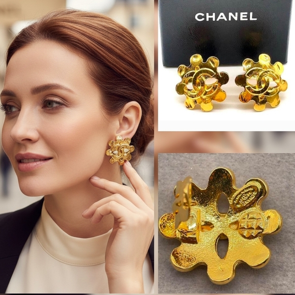 CHANEL Coco Mark CC Flower Motif GP 94P Earrings W/Box